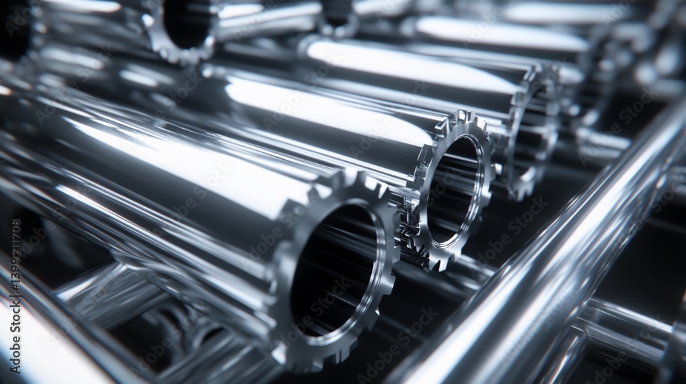 Close-up of shiny metallic tubes with gears, precision engineering concept. Close-up of shiny metallic tubes with gears, precision engineering concept.