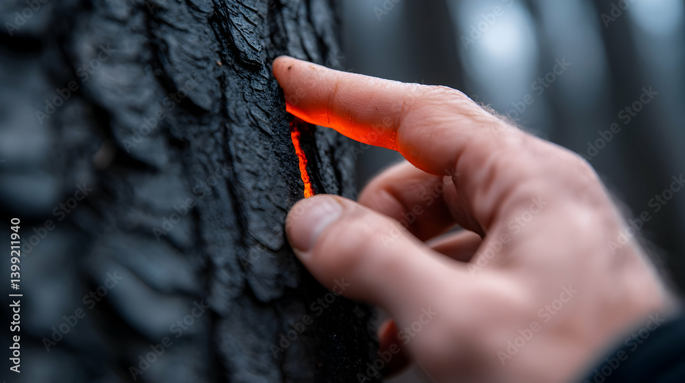 Obraz premium Hand Touching a Burned Tree Trunk