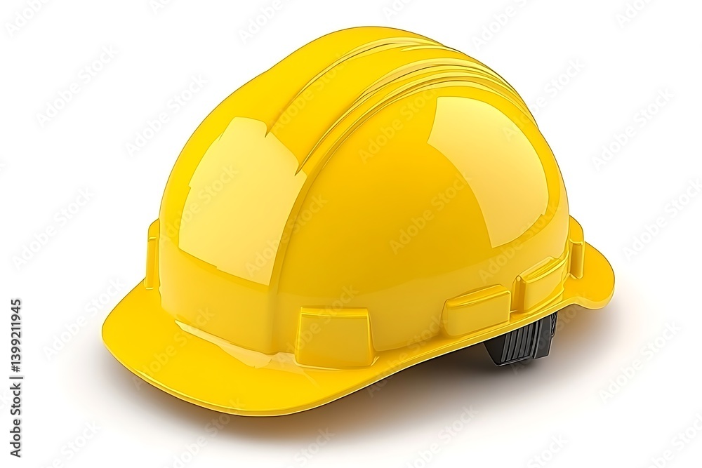 Fototapeta premium Bright yellow protective hard hat for construction work on white surface
