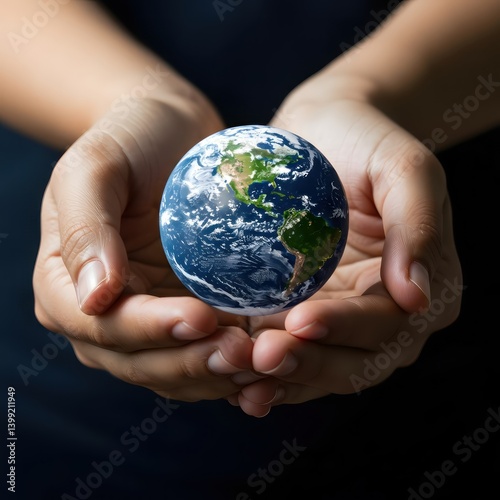 Hands holding Earth globe.