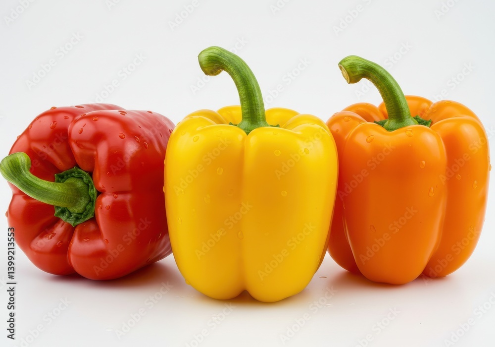 A close up of three bell peppers red yellow and orange on a white surface in a studio setting A close up of three bell peppers red yellow and orange on a white surface in a studio setting