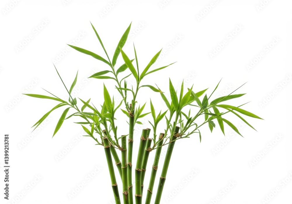 A small bamboo plant with green leaves and stalks isolated against a white background in a studio shot A small bamboo plant with green leaves and stalks isolated against a white background in a studio shot