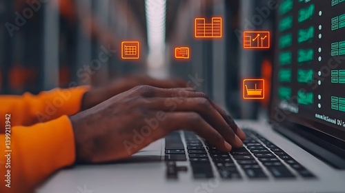 Data Analysis on Laptop: Human Hands Typing, Chart Icons, and Server Information Displayed, Digital Work.
