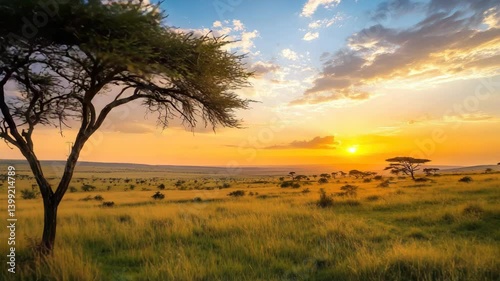 Stunning african sunset over grassland landscape with acacia tree