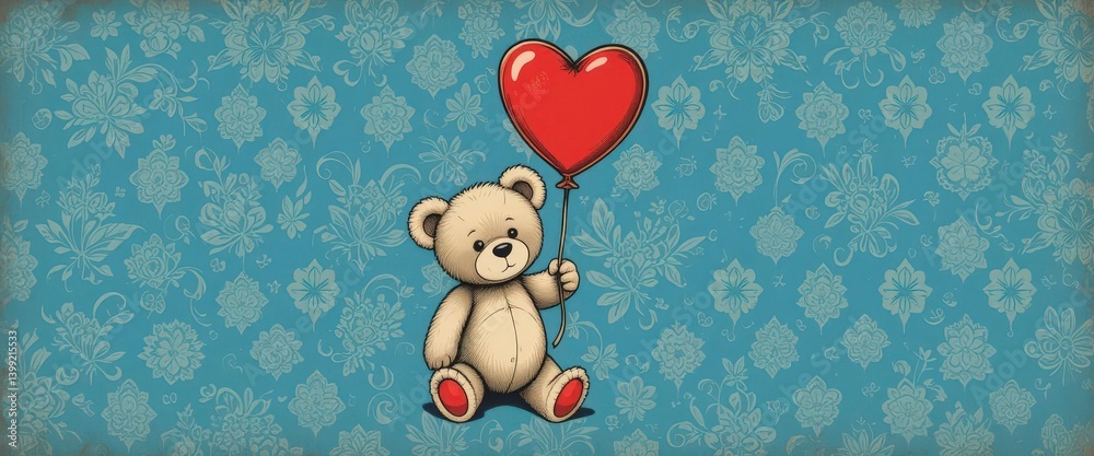 Naklejka premium A charming teddy bear illustration holding a red heart balloon, set against a classic vintage blue patterned background.