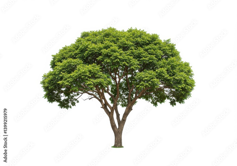 Fototapeta premium Isolated tree with green leaves and brown trunk on a white background in a studio shot