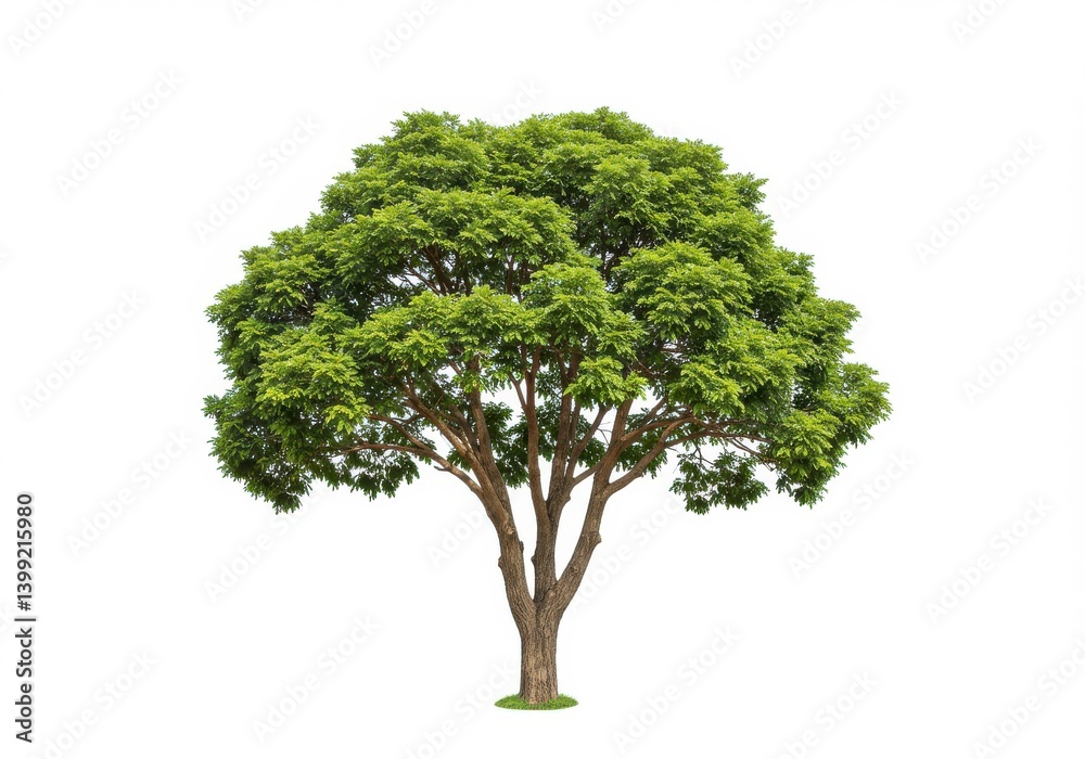 Fototapeta premium A single tree with green leaves and a brown trunk isolated against a white background in full view