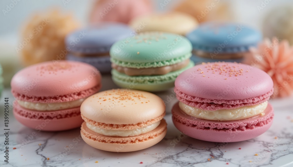 Colorful Macarons with Creamy Filling on a Marble Surface Colorful Macarons with Creamy Filling on a Marble Surface