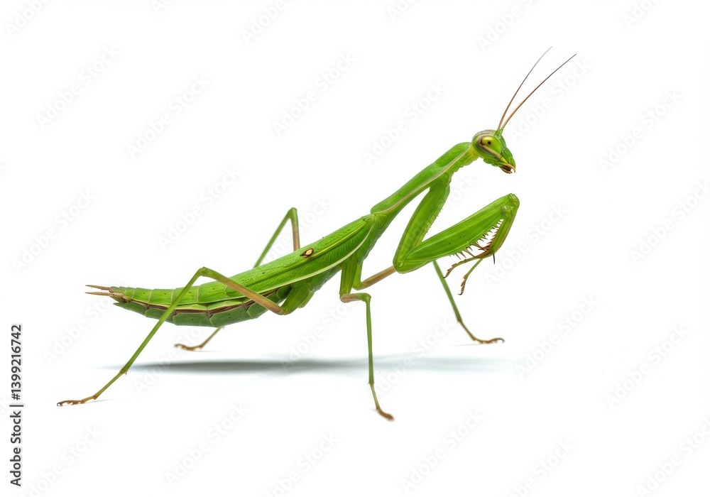 A vibrant green praying mantis stands alert against a stark white background in a studio shot A vibrant green praying mantis stands alert against a stark white background in a studio shot