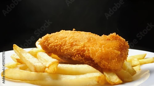 slow motion 4K video of slow motion of french fries falling on to an empty white plate followed by one battered fish on top of the fries and then a light sprinkle of salt deconstructed food
