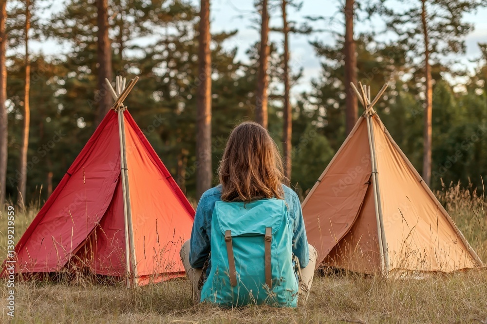 Serene Solo Camper Gazing at Clear Summer Sky in Nature with Colorful Tents Serene Solo Camper Gazing at Clear Summer Sky in Nature with Colorful Tents
