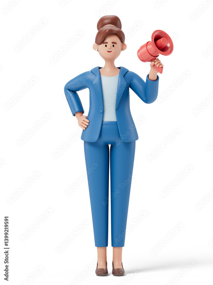 woman with megaphone and raised fist, symbolizing announcement or motivation. 3D rendering, conceptual image. Isolated on white background. woman with megaphone and raised fist, symbolizing announcement or motivation. 3D rendering, conceptual image. Isolated on white background.