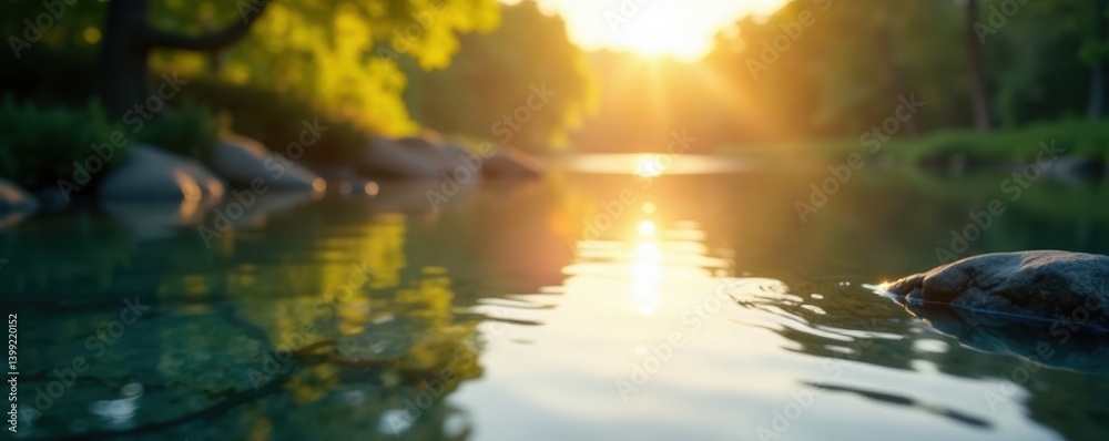 Naklejka premium Still water, barely disturbed by a soft breeze, sun gleaming, calm, landscape, peaceful