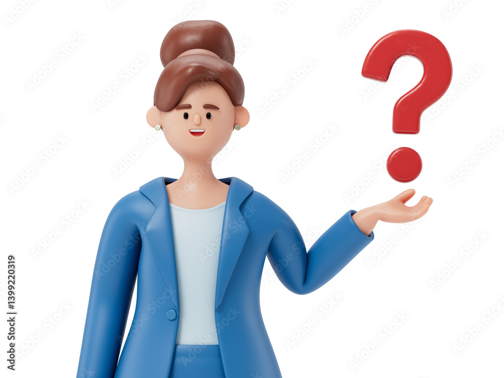 woman presenting a question mark, symbolizing inquiry or seeking answers. 3D rendering, conceptual image. Isolated on white background. woman presenting a question mark, symbolizing inquiry or seeking answers. 3D rendering, conceptual image. Isolated on white background.
