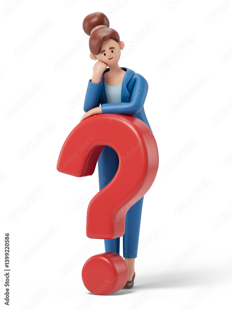 woman resting on a question mark, symbolizing contemplation or uncertainty. 3D rendering, conceptual image. Isolated on white background.