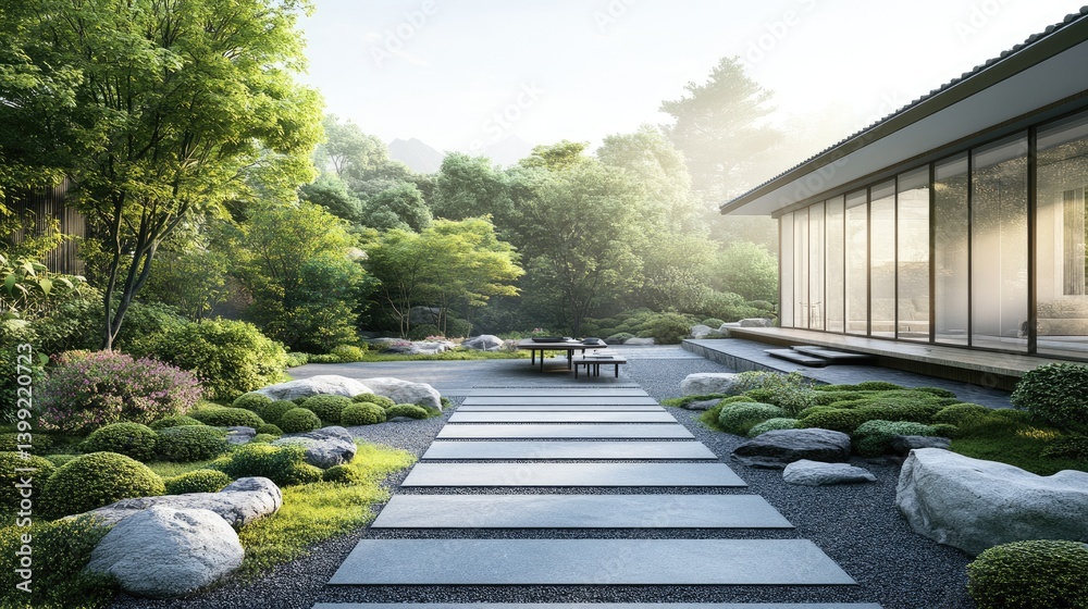 Fototapeta premium Modern garden setup with clean lines, slate paving, and a table with minimalist settings