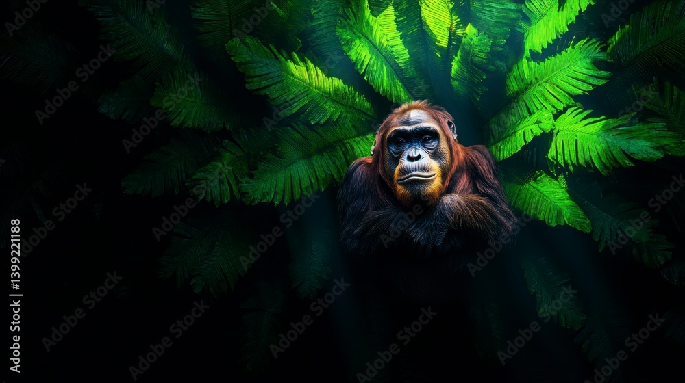 Obraz premium Majestic portrait of an adult orangutan surrounded by lush tropical ferns illuminated by beams of light