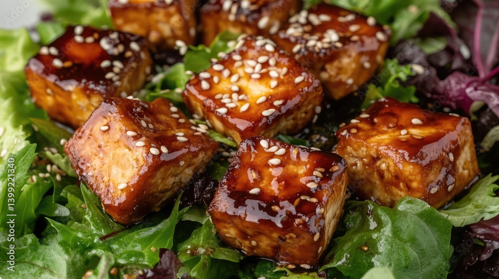 Overhead view of tofu cubes with sesame seeds, soy sauce glaze, and fresh greens Overhead view of tofu cubes with sesame seeds, soy sauce glaze, and fresh greens