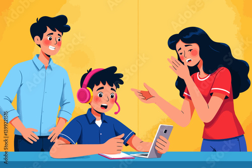 A teenager is playing with his cell phone His parents are scolding him