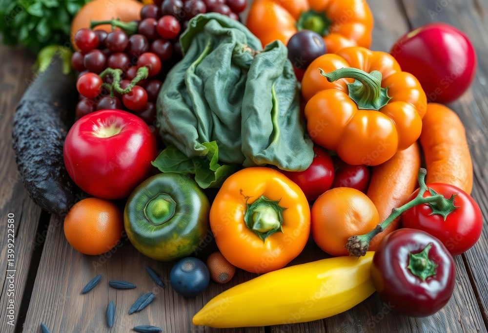 Vibrant fruits & veggies close-up on rustic wood, soft background, healthy eating, balanced diet Vibrant fruits & veggies close-up on rustic wood, soft background, healthy eating, balanced diet