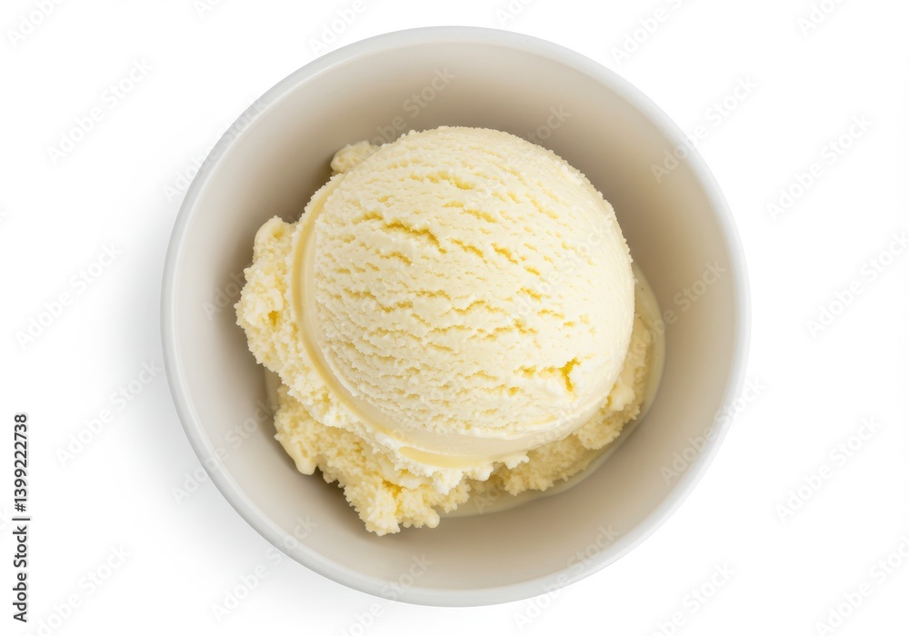 A top view of a vanilla ice cream scoop in a white bowl on a plain white background studio shot A top view of a vanilla ice cream scoop in a white bowl on a plain white background studio shot