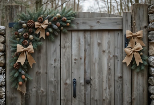  Natural Wood and Burlap Adorn a Weathered Wooden Gate