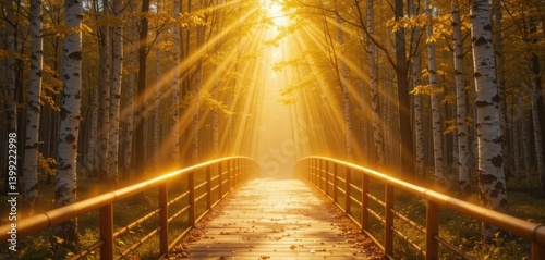 A bridge made of pure golden light streaking through a silver birch forest, creating a haven of warmth and tranquility.