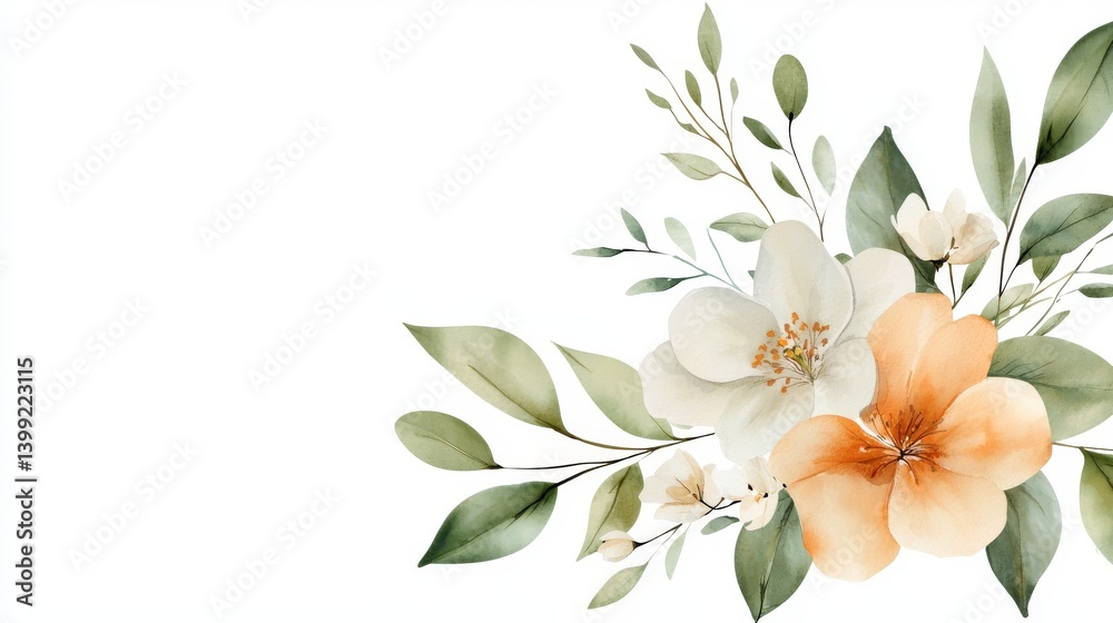 Obraz premium Elegant orange flowers and lush green leaves on a pristine white background vibrant
