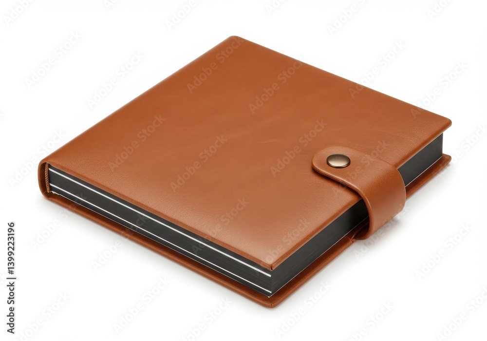 A square brown leather notebook with a strap and button closure on a white background surface view A square brown leather notebook with a strap and button closure on a white background surface view
