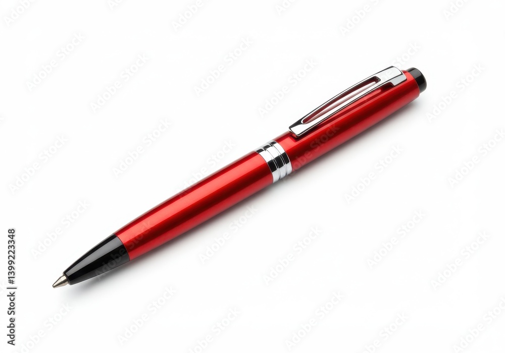 A shiny red pen with silver accents laying diagonally on a plain white surface in a studio setting A shiny red pen with silver accents laying diagonally on a plain white surface in a studio setting