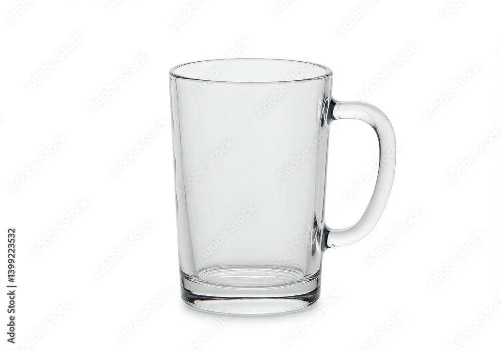 A clear glass mug with a handle sits on a white background in a studio shot with soft lighting A clear glass mug with a handle sits on a white background in a studio shot with soft lighting