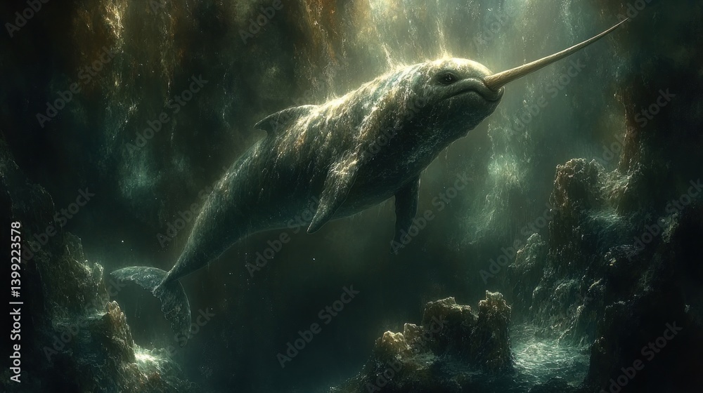 Fototapeta premium Majestic Narwhal in Mysterious Deep Sea