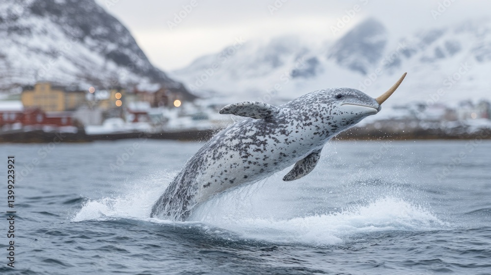 Fototapeta premium Arctic Narwhal's Leap: A Majestic Marine Mammal in its Natural Habitat
