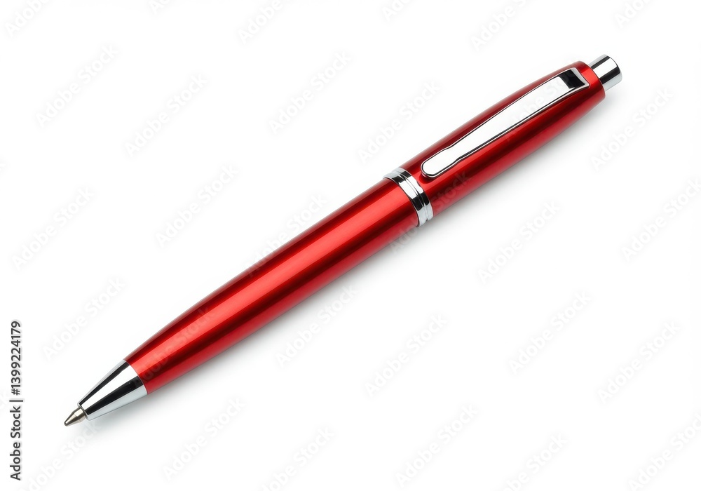 A shiny red pen with silver accents lying diagonally on a white surface in a studio setting A shiny red pen with silver accents lying diagonally on a white surface in a studio setting