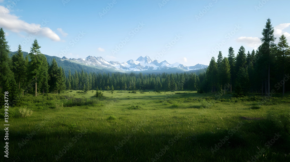 Fototapeta premium Expansive Alpine Meadow With Mountain Range In Summer