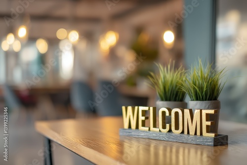 Welcome sign with plant on table in cozy indoor space. Warm greeting environment.