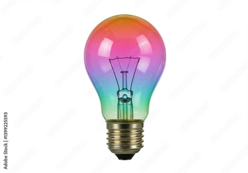 A single light bulb with a rainbow gradient on a white background in a studio shot centered frame A single light bulb with a rainbow gradient on a white background in a studio shot centered frame