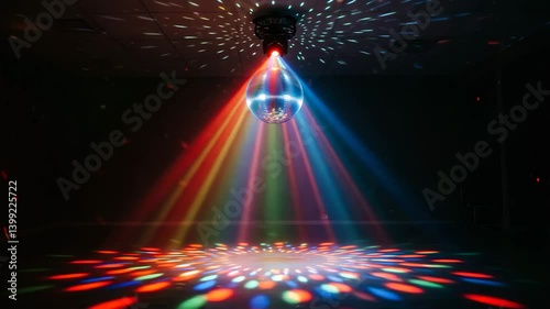 Colorful Disco Ball Illuminates Dance Floor with Vibrant Beams