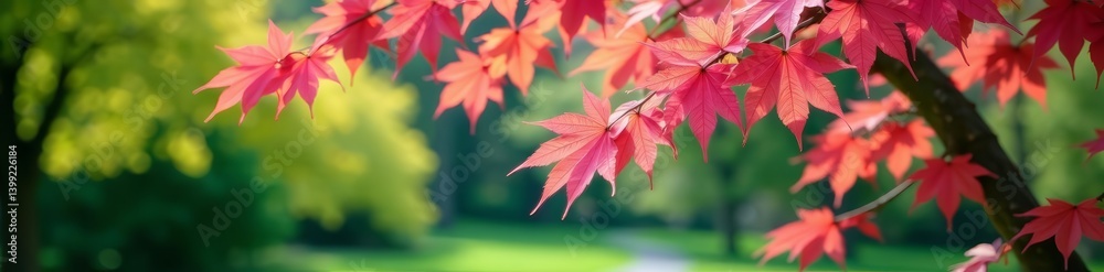 Vibrant Japanese maple tree with delicate pink blossoms in lush green nature park, season, bloom, foliage Vibrant Japanese maple tree with delicate pink blossoms in lush green nature park, season, bloom, foliage