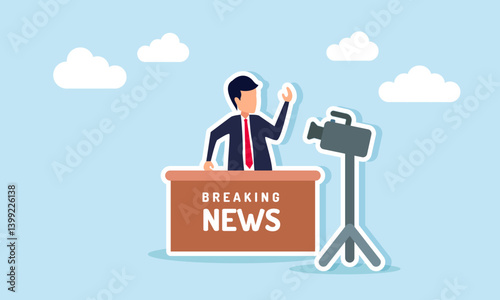 Businessman broadcasts breaking news, illustration of reporting important and ongoing events live through media for fast and accurate public information delivery