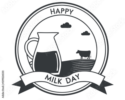 Black and White Happy Milk Day Logo with Cow and Pitcher.
