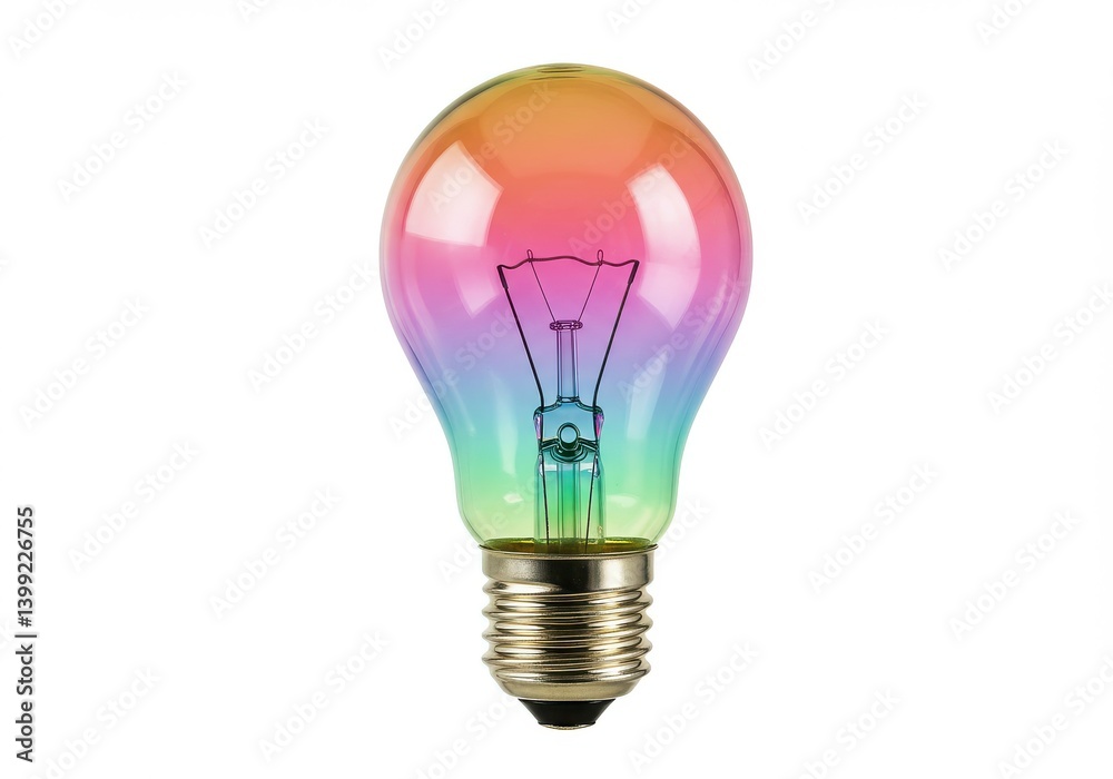 A colorful light bulb with a gradient of orange pink purple blue and green on a white background A colorful light bulb with a gradient of orange pink purple blue and green on a white background
