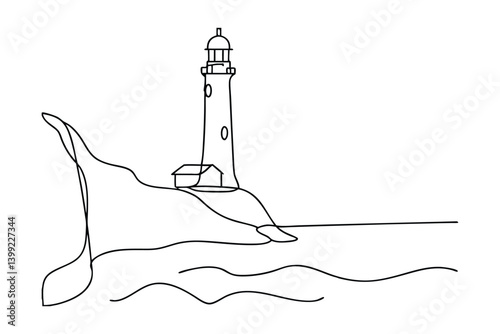Lighthouse On Coastal Cliff Continuous Line Drawing Simple Maritime Scene Nautical Icon Vector Illustration
