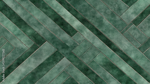 A green and brown patterned floor with a gold border. The pattern is made up of squares and triangles