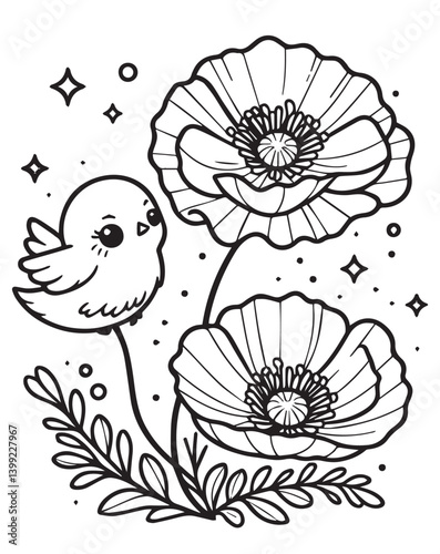 Coloring book little bird admiring two delicate poppies flower scattered stars and circles
