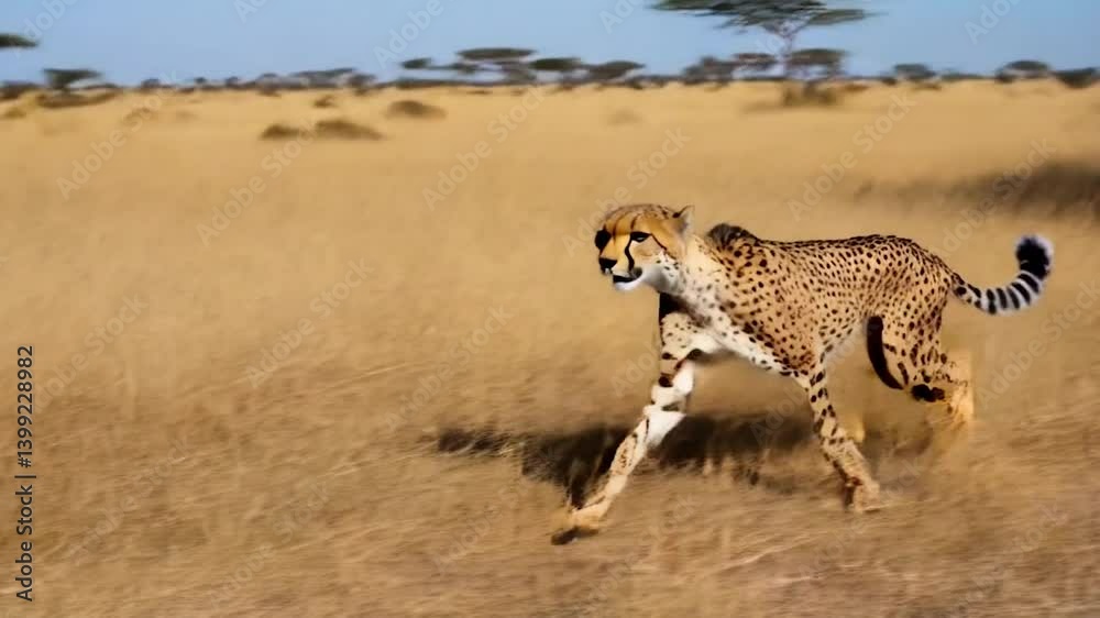 Cheetah sprinting across golden savannah. Powerful cheetah in African habitat. Sleek cheetah running at high speed.
