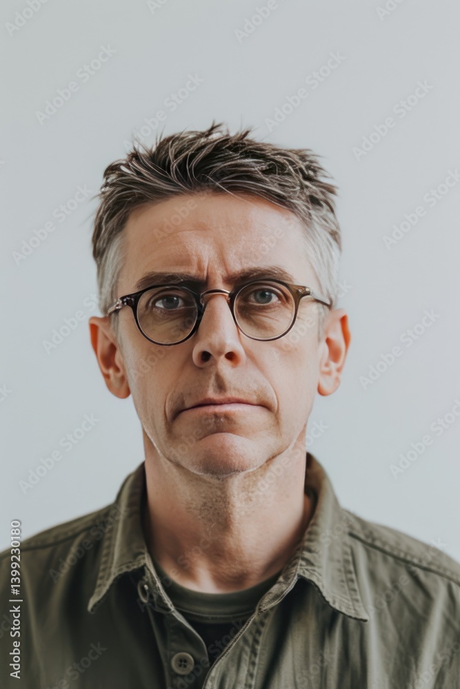 Portrait of a middle-aged man with short, slightly messy brown hair and glasses, wearing an olive green shirt against a white background. Portrait of a middle-aged man with short, slightly messy brown hair and glasses, wearing an olive green shirt against a white background.