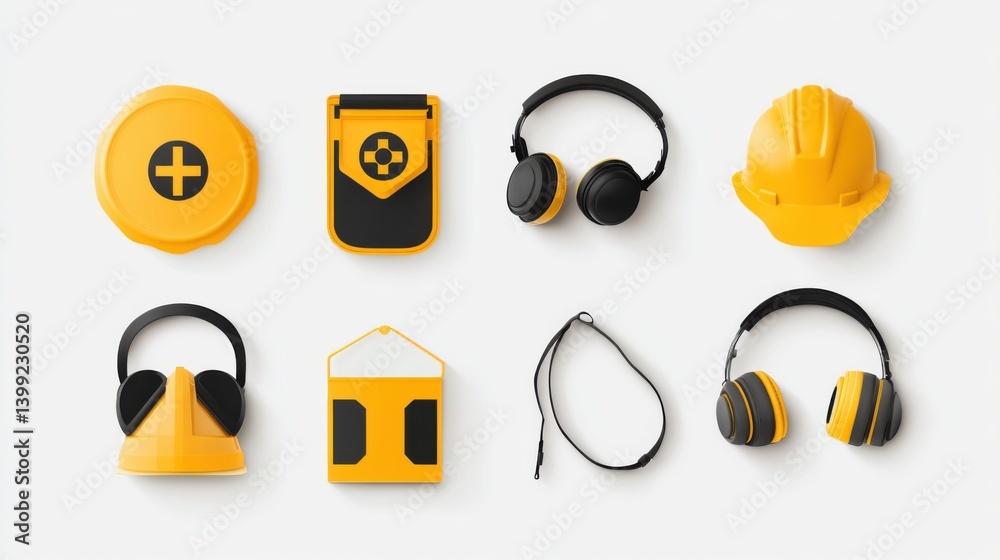 Safety Equipment Collection Featuring Yellow Hard Hat and Headsets