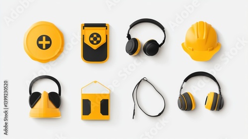 Obraz na płótnie Safety Equipment Collection Featuring Yellow Hard Hat and Headsets w salonie