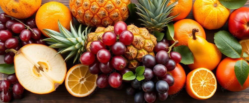 Vibrant pineapple, pear, grapes & citrus arranged for healthy recipe photography, grapes, healthy eating Vibrant pineapple, pear, grapes & citrus arranged for healthy recipe photography, grapes, healthy eating